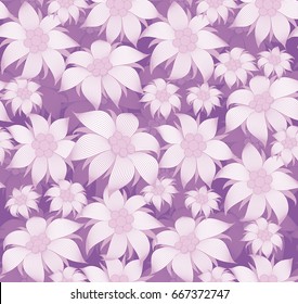 Seamless floral pattern. On purple background purple flowers of edelweiss, water lily, lotus. For postcard, invitations, textiles, clothes, wrapping paper, wallpaper, interior design of room.