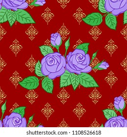 Seamless floral pattern on a red background with motley rose flowers and green leaves. Vector illustration.