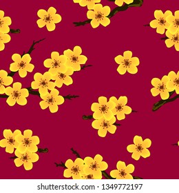 Seamless floral pattern. On a red background are depicted twigs with yellow flowers. Cute floral print for textiles. Vector illustration.
