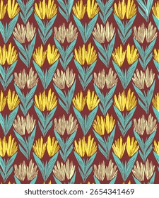 Seamless Floral Pattern On A Red Background With Yellow And Beige Flowers And Teal Leaves.
