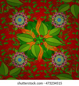 Seamless floral pattern on red background with green leaves. Vector.
