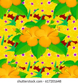 Seamless floral pattern on a red background with motley hibiscus flowers. Vector illustration.