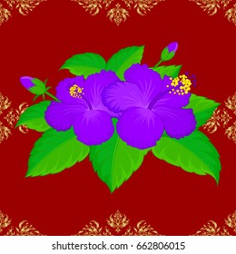 Seamless floral pattern on a red background with motley hibiscus flowers. Vector illustration.