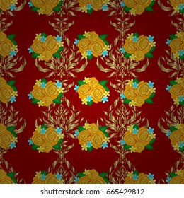Seamless Floral Pattern on a red background. Vector rose flowers and green leaves seamless pattern.
