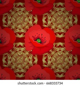 Seamless floral pattern on a red background with motley poppy flowers. Vector illustration.