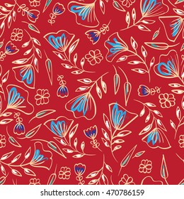 Seamless floral pattern on a simple red background. Gentle doodle pattern for textiles. The pattern of small flowers and leaves. Careless brush strokes and outlines.