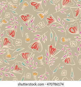 Seamless floral pattern on a simple beige background. Gentle doodle pattern for textiles. Careless brush strokes and outlines.