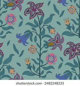 Seamless floral pattern on a teal background. Mix of blooming flowers and buds with intricate, decorative details. Whimsical, artistic feel, suitable for fabric, wallpaper, other decorative elements.