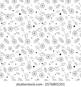 seamless floral pattern on transparent background doodle line art