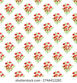 Seamless floral pattern on a transparent background. Lush bouquet of red flowers decorated with sprigs of greenery. Fabric print for Women's Day, Mother's Day, Valentine's Day, and more. 