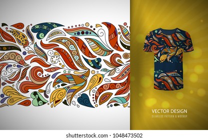 Seamless floral pattern on t-shirt mockup. Seamless border with hand draw fantasy flowers. Bright colorful doodle pattern