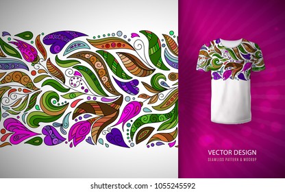 Seamless floral pattern on t-shirt mockup. Seamless border with hand draw fantasy flowers. Bright colorful doodle pattern