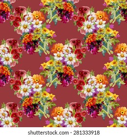 Seamless floral pattern on vinous background with watercolor summer garden flowers vector illustration