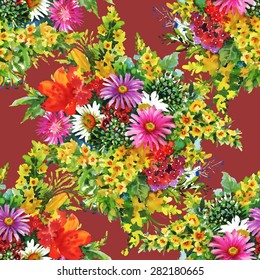 Seamless floral pattern on vinous background with watercolor summer garden flowers vector illustration