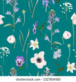 Seamless floral pattern on a vintage green background. Spring flowers and herb. Botanical illustration. Engraving. Colorful. 