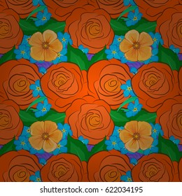 Seamless Floral Pattern on a violet background. Vector rose flowers and green leaves seamless pattern.