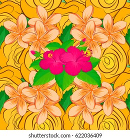 Seamless floral pattern on a violet background with motley hibiscus flowers. Vector illustration.
