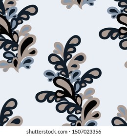 Seamless floral pattern. On a white background bouquets of leaves drawn in paisley style. Print for textiles. Vector illustration.