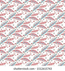 Seamless floral pattern on white background. Leaves and heart in vector. Hand drawn Doodle style. Vintage Blues and pinks. Boho style.