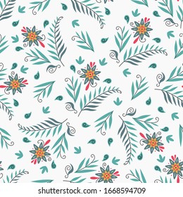 Diseño floral sin soldadura sobre fondo blanco, dibujo a mano. Flores abstractas y hojas. Ilustración del vector