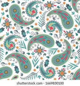 Diseño floral sin soldadura sobre fondo blanco, dibujo a mano. Estilo paisley, arte folclórico. Ilustración vectorial