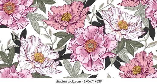Seamless floral pattern on a white background. Design for wallpaper, fabric, wrapping paper, cover and more. Vector illustration.