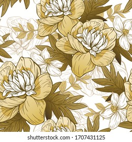 Seamless floral pattern on a white background. Design for wallpaper, fabric, wrapping paper, cover and more. Vector illustration.
