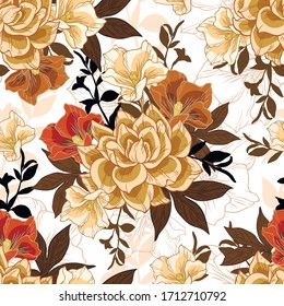 Seamless floral pattern on a white background. Design for wallpaper, fabric, wrapping paper, cover and more. Vector illustration.