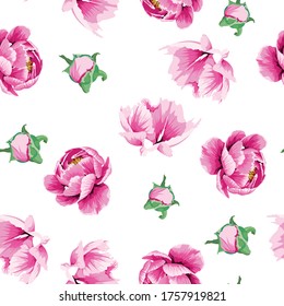 Seamless floral pattern on a white background. Design for wallpaper, fabric, wrapping paper, cover and more.  Elegant seamless peony flowers pattern.
