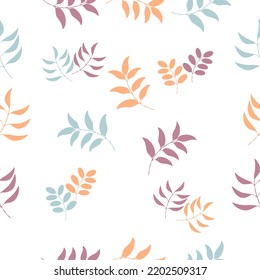 Seamless floral pattern on white background with leave and stems. Beautiful flat vector illustration.