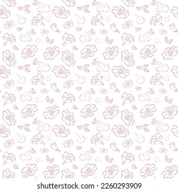 Patrón floral sin foco sobre fondo blanco. Flores de cerezo rosa con bayas. Doodle dibujado a mano. Diseño de embalajes, papel pintado, alfombra, cubierta, tela, postal, fondo.