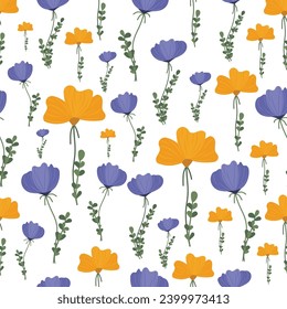 Seamless floral pattern on white isolated background. Botanical vector. Cute orange, purple flowers. For wallpaper, textiles, packaging paper.