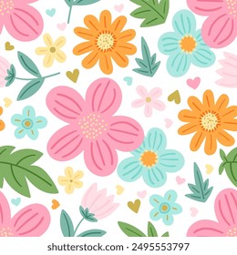 Seamless floral pattern on white background. Abstract flowers seamless pattern in doodle style. Isolated on white background. For fabric design, wallpaper, backgrounds, prints, scrapbooking etc. Vecto