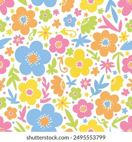 Seamless floral pattern on white background. Abstract flowers seamless pattern in doodle style. Isolated on white background. For fabric design, wallpaper, backgrounds, prints, scrapbooking etc. Vecto