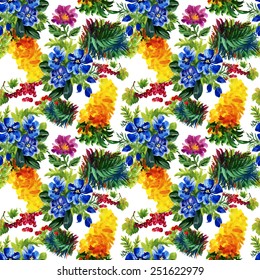 Seamless floral pattern on white background with colorful garden flowers vector illustration