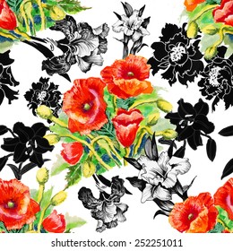 Seamless floral pattern on white background with poppy and iris flowers vector illustration