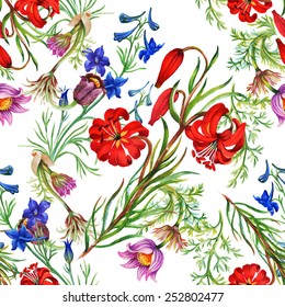 Nahtlose Blumenmuster auf weißem Hintergrund mit Wiesen und Blumen, Vektorgrafik