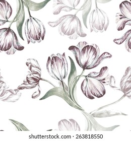 Seamless floral pattern on white background. Watercolor vector background. Beautiful tulip