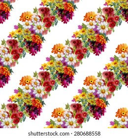 Seamless floral pattern on white background with watercolor summer garden flowers vector illustration