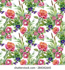Seamless floral pattern on white background with watercolor summer garden flowers, reeds and roses vector illustration