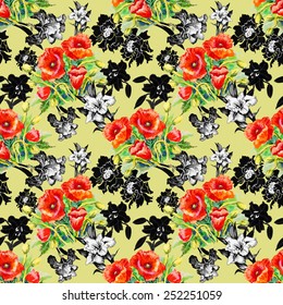 Seamless floral pattern on yellow background with poppy and iris flowers vector illustration