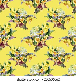 Seamless floral pattern on yellow background with summer garden flowers vector illustration