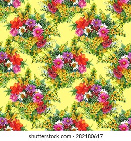 Seamless floral pattern on yellow background with watercolor summer garden flowers vector illustration