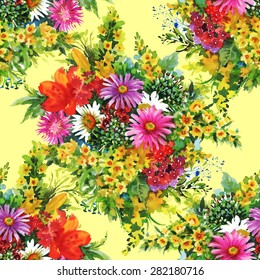 Seamless floral pattern on yellow background with watercolor summer garden flowers vector illustration