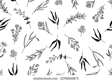 Seamless floral pattern with one line flowers. Vector hand drawn illustration.