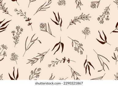 Seamless floral pattern with one line flowers. Vector hand drawn illustration.