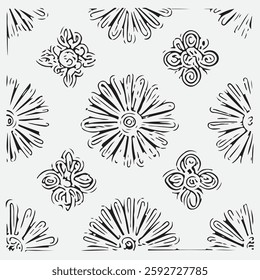 Seamless floral pattern with one line flowers. Vector hand drawn illustration