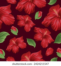 seamless floral pattern of open buds of red mallows and green leaves on a pastel background, for textile, holiday cards or packaging