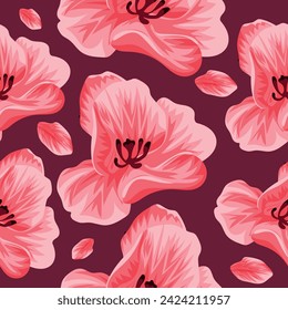 patrón floral sin costuras de brotes de tulipán rosado abierto, pétalos de tulipán sobre fondo pastel, para textiles, tarjetas de vacaciones o embalaje