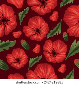 seamless floral pattern of open poppy buds, poppy petals and green leaves on a pastel background, for textile, holiday cards or packaging